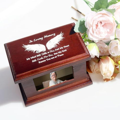5.5 Inch Small Wooden Memorial Urn with Photo Frame, Keepsake Urn Box for Human/Pet Ashes - Wing - size: 5.5 Inches - Wing