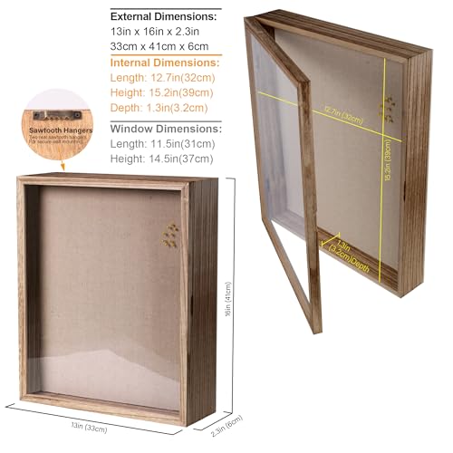 Shadow Box 13x16 Large Display Case with Linen Back and 8 Stick Pins, Solid Wood Memory Box Frame with Magnetic Door for Photos, Medals, Tickets, Wedding Bouquet and Memorabilia