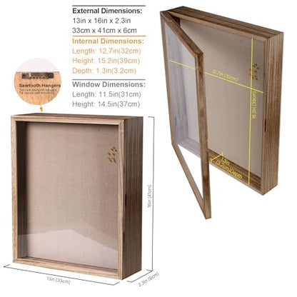 Shadow Box 13x16 Large Display Case with Linen Back and 8 Stick Pins, Solid Wood Memory Box Frame with Magnetic Door for Photos, Medals, Tickets, Wedding Bouquet and Memorabilia