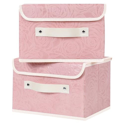 ANMINY Fabric Storage Box Bins with Lids, Rose Print, Pink, 2PCS Small | Keepsake Memory Storage, Nonwoven Fabric, PP Board Frame, Washable, PU Handles, Foldable Stackable, Decorative, 10"x8"x7" - size: Small (Pack of 2)