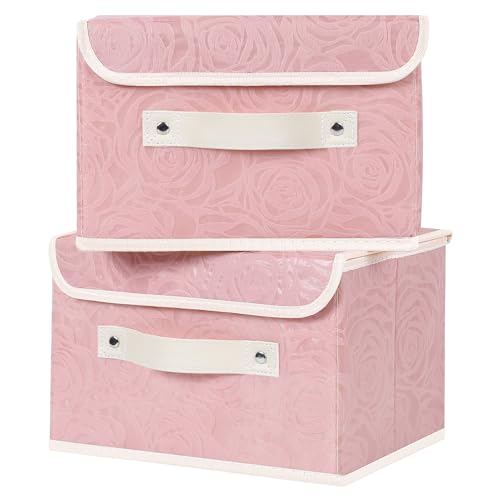 ANMINY Fabric Storage Box Bins with Lids, Rose Print, Pink, 2PCS Small | Keepsake Memory Storage, Nonwoven Fabric, PP Board Frame, Washable, PU Handles, Foldable Stackable, Decorative, 10"x8"x7" - size: Small (Pack of 2)