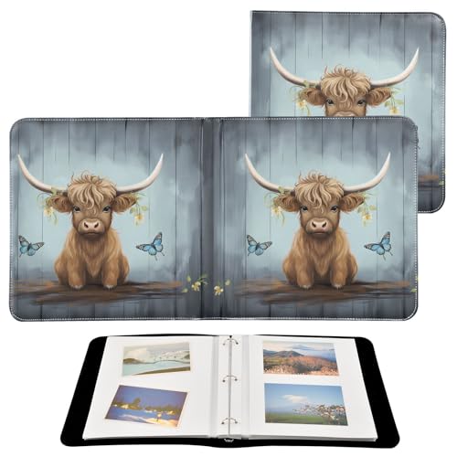 JIPONI Highland Cow and Butterfly Large Photo Album, DIY Leather Cover Scrapbook Albums for 4x6 5x7 6x8 Pictures, Self Adhesive Memory Book for Wedding, Baby, Family - color: Highland Cattle