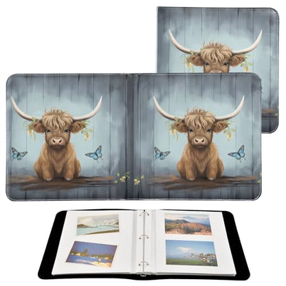 JIPONI Highland Cow and Butterfly Large Photo Album, DIY Leather Cover Scrapbook Albums for 4x6 5x7 6x8 Pictures, Self Adhesive Memory Book for Wedding, Baby, Family - color: Highland Cattle