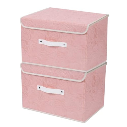 ANMINY Fabric Storage Box Bins with Lids, Rose Print, Pink, 2PCS Medium | Keepsake Memory Storage, Nonwoven Fabric, PP Board Frame, Washable, PU Handles, Foldable Stackable, Decorative, 13"x9"x7.9" - size: Medium (Pack of 2)