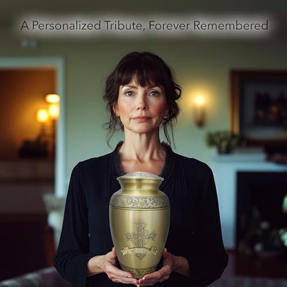 Gold Cross Cremation Urns for Human Ashes Adult Female & Male Urns - color: Gold - Engraved Ribbon, size: Large