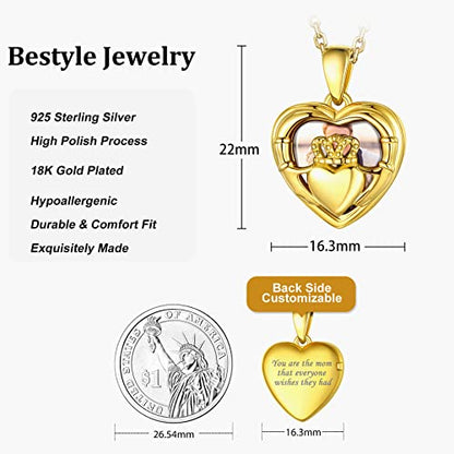 Bestyle Sterling Silver Heart Locket Necklace for Women, Dainty Cute Small Heart Locket Pendant in Gold/Rose Gold/Silver, Love Statement Jewelry Gift for Mother Wife - color: C1. Claddagh-Gold-Locket Only, NO Custom