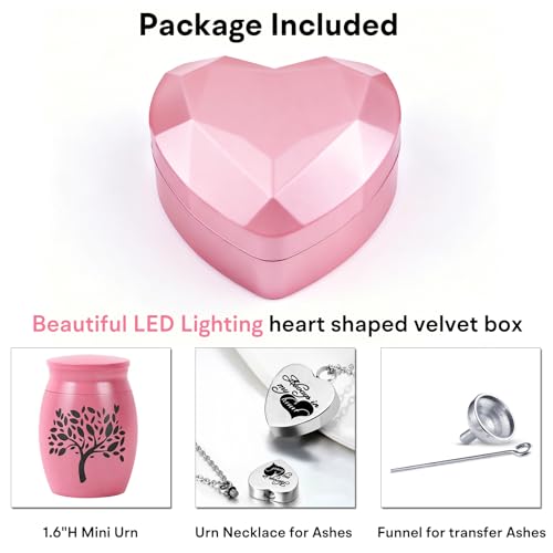 Small Urns for Human Ashes Keepsake - 1.6" Pink Mini Cremation Urn with Necklace Heart Box - Very Feminine Pretty Tiny Funeral Urn - Little Miniature Urn Memorial Gift for Baby Mom Sister Women Female - color: Pink