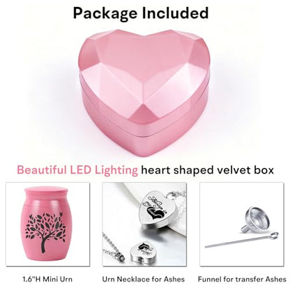 Small Urns for Human Ashes Keepsake - 1.6" Pink Mini Cremation Urn with Necklace Heart Box - Very Feminine Pretty Tiny Funeral Urn - Little Miniature Urn Memorial Gift for Baby Mom Sister Women Female - color: Pink