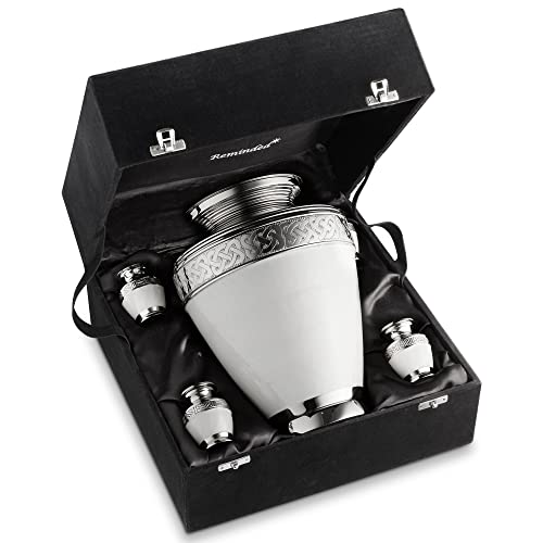 Reminded Set of 5 Etched Celtic Cremation Urns for Human Ashes - 1 Brass Adult + 4 Keepsake, White - color: White