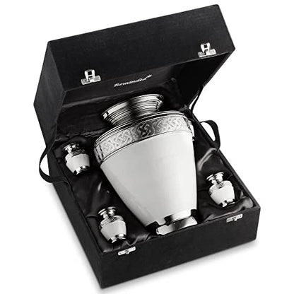 Reminded Set of 5 Etched Celtic Cremation Urns for Human Ashes - 1 Brass Adult + 4 Keepsake, White - color: White