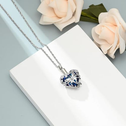 shajwo Butterfly Heart Urn Necklaces Cremation Jewelry for Ashes for Women Men Memorial Human Ashes Pendant - color: A Siver-Blue
