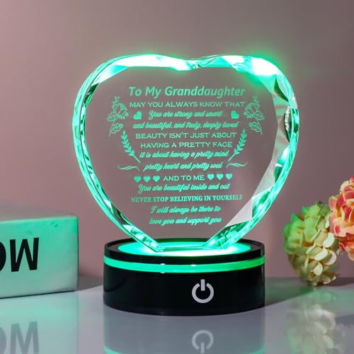 YWHL Granddaughter Gifts from Grandma Graduation Birthday Gifts for Granddaughter Heart Crystal to My Granddaughter Keepsakes Gift with Colorful Base on Wedding Back to School Valentine Christmas - color: Granddaughter Gifts+led