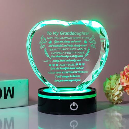 YWHL Granddaughter Gifts from Grandma Graduation Birthday Gifts for Granddaughter Heart Crystal to My Granddaughter Keepsakes Gift with Colorful Base on Wedding Back to School Valentine Christmas - color: Granddaughter Gifts+led
