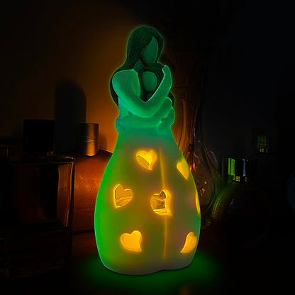 Mother-Daughter Glow in The Dark Candle Holder Statue with Flickering LED Candle | Hand-Painted - Unique Gifts for Mother's Day, Christmas, Birthday | Greeting Card Included - color: Mom & Gaughter (Glow-light Brown)