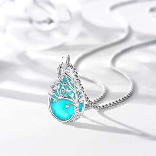 Sterling Silver Tree of Life Necklace for Women Oval Family Tree Necklace Abalone Shell Moonstone Pendant Mother Day Necklace for Mom Tree of Life Jewelry - style: Tree of Life-Turquoise-2