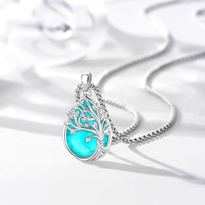 Sterling Silver Tree of Life Necklace for Women Oval Family Tree Necklace Abalone Shell Moonstone Pendant Mother Day Necklace for Mom Tree of Life Jewelry - style: Tree of Life-Turquoise-2