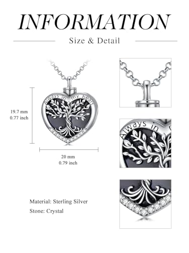 TOUPOP Tree of Life Urn Necklaces for Ashes 925 Sterling Silver Heart Cremation Jewelry Memorial Keepsake Jewelry with Funnel Filler for Women Men - color: A-Heart Tree of Life-Black Onyx