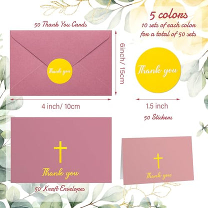 Resurhang 30 Pack Baptism Thank You Cards with Envelope and Stickers 4 x 6 Inch Gold Foil Embossed Cross Blank Inside Cards Bulk for Baptism Funeral Baby Shower Party Supplies(Pink) - color: Pink