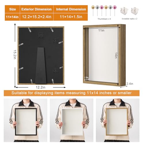 11x14 Shadow Box Frame with Ultra-Clear Glass & Soft Linen Back | With Push Pins and Stand, Deep 1.5" Brown Shadow Box Display Case – Display on Tabletop or Wall for Photo, Wedding, Keepsake - color: Brown+high Definition Panel + Shatter-proof Packaging,