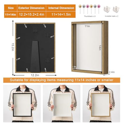 11x14 Shadow Box Frame with Ultra-Clear Glass & Soft Linen Back | With Push Pins and Stand, Deep 1.5" Brown Shadow Box Display Case – Display on Tabletop or Wall for Photo, Wedding, Keepsake - color: Brown+high Definition Panel + Shatter-proof Packaging,