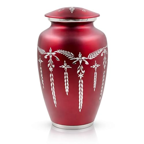 Cremation Urn for Human Ashes Adult (200 lbs) – Large Metal Funeral Urn for Men & Women, Decorative Memorial Urn with Secure Screw Lid for Home Display, Red