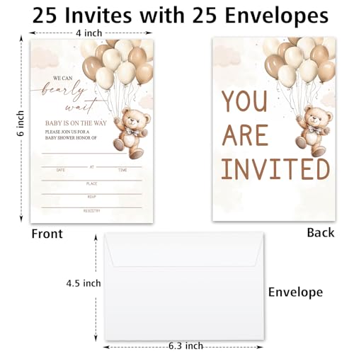 We Can Bearly Wait Baby Shower Invitations for Boys Girls, Bear Balloon Invite Cards for Baby Announcement, 25 Set of Fill-in Invites with Envelopes, Gender Reveal Party Supplies -B08 - color: Bearly-02