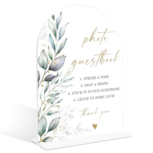 Acrylic Wedding Signs, Greenery Theme Photo Guestbook Sign, Wedding Reception Signage, Bridal Shower Table Decor with Stand, Engagement, Anniversary, Newlywed Events and Parties Supplies, 12 - color: Photo Guestbook Sign, 12