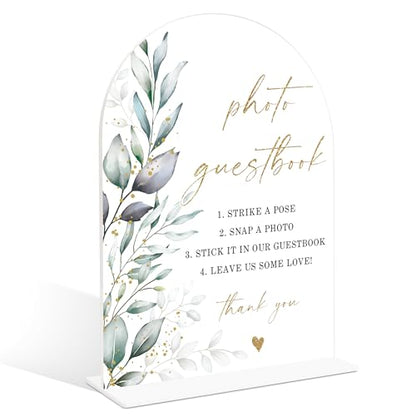 Acrylic Wedding Signs, Greenery Theme Photo Guestbook Sign, Wedding Reception Signage, Bridal Shower Table Decor with Stand, Engagement, Anniversary, Newlywed Events and Parties Supplies, 12 - color: Photo Guestbook Sign, 12