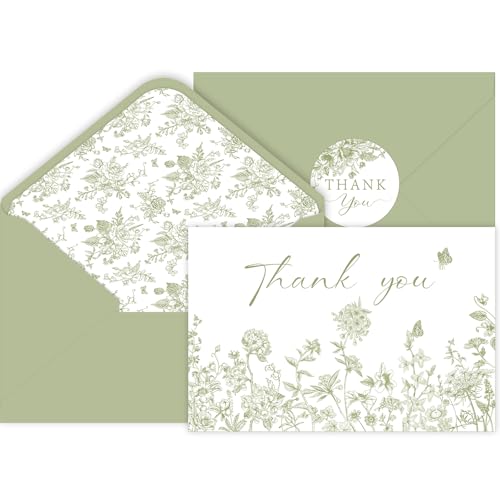 24 Pack Sage Green Floral Thank You Cards With Envelopes Stickers, Summer Wedding Floral Thank You Card Greenery Bridal Shower Birthday Supplies - style: 24 pcs - Green Flowers