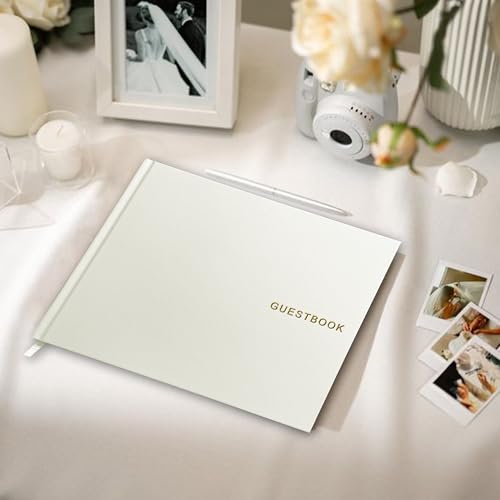 Wedding Guest Book – Guest Book for Receptions, Baby Showers & Celebrations | Milky White Linen Hardcover, Polaroid Guest Book with 100 Half Blank and Lined Pages for Signatures and Photos - color: A Milky White