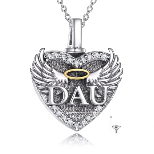 Family Members Urn Necklace for Ashes 925 Sterling Silver Angel Wings Heart Cremation Memorial Keepsake Pendant Jewelry for Loved One's Ashes, with 18" + 2" Stainless Steel Chain - style: Heart-Daughter