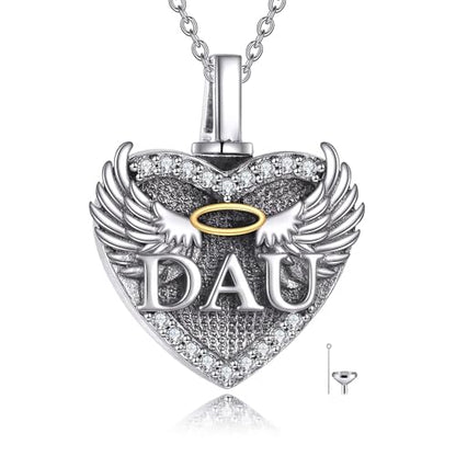 Family Members Urn Necklace for Ashes 925 Sterling Silver Angel Wings Heart Cremation Memorial Keepsake Pendant Jewelry for Loved One's Ashes, with 18" + 2" Stainless Steel Chain - style: Heart-Daughter