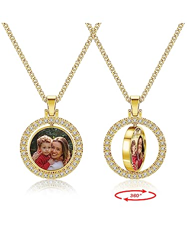 PiercingJ Customized Double-Side Photo Necklace Custom Picture Pendant Chain Personalized Cubic Zirconia Hip Hop Jewelry Gift for Men Women with Gift Box - color: Gold-Round-1PC