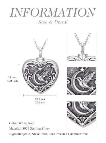 WINNICACA Cremation Jewelry for Ashes Locket Ashes Necklace Urn Necklace for Women Sterling Silver Cremation Necklace for Ashes Fine Keepsake Picture Necklace Memorial Jewelry - style: D07-Hummingbird Urn Necklace