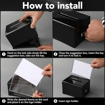 Acrylic Donation Box with Lock, Black Ballot Box with Sign Holder, 2 Pack Suggestion Boxes for Fundraising, Donation, Bar, School Voting, 6.2x4.6x3.9 Inch | Suggestion Box for Fundraising, Ballot Box with Slot for School, Donation, Bar, School Voting, 6.2