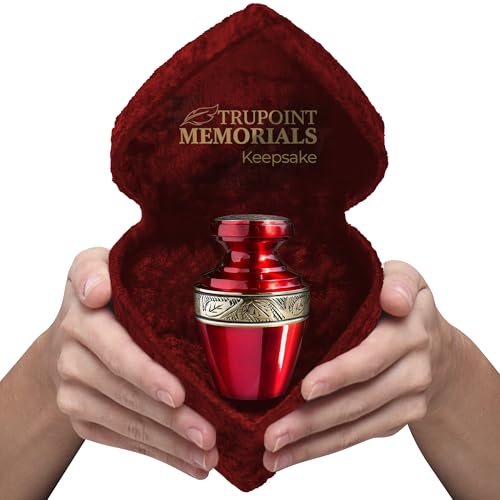 Trupoint Memorials Small Urns for Human Ashes Keepsake, Decorative Mini Cremation Urn for Adult Men and Women, Small Grecian Red with Velvet Heart Box - color: Red Gold Lining