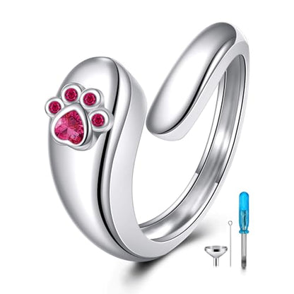 Sterling Silver Birthstone Urn Ring for Ashes Pets Dog Cat Keepsake Birthstone Memorial Cremation Jewelry for Women - style: Paw Print-July