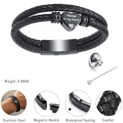 YOUFENG Urn Bracelet for Human Ashes Leather Cremation Knot Cross Bracelet Stainless Steel Keepsake Cuff Bangle Jewelry for Men - color: Heart