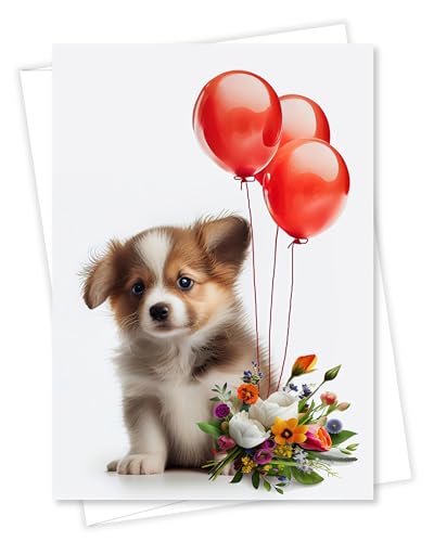 Puppy with Red Balloons and Flowers All Occasions Greeting Card from Unique Dogs Party Delights Collection Large 5x7 Inch Blank Inside with Envelope | 5x7 Inch Card, Blank Inside, Premium Silk Cardstock, Made in USA by USA-Based Pet Friendly Small Busines