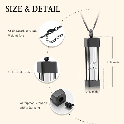 Oinsi Glass Hourglass Cremation Jewelry for Ashes Cylinder Urn Necklace Container Vial Necklaces Bottle Memorial Cremation Keepsake Jewelry Ash Pendant for Women/Men - color: Black