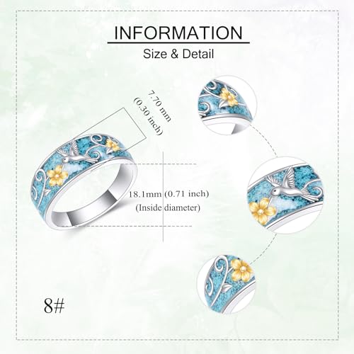 ONEFINITY Turquoise Rings S925 Sterling Silver Turquoise Ring Jewelry Gift For Women Men - size: 8, style: Hummingbird