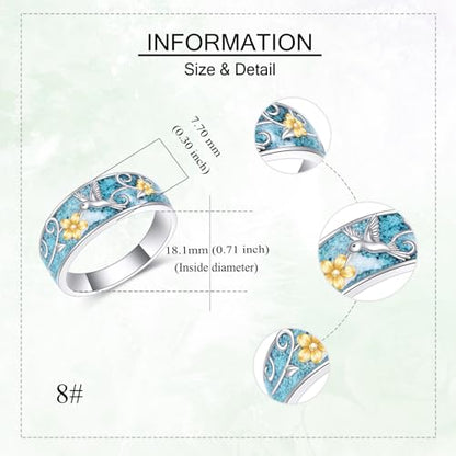 ONEFINITY Turquoise Rings S925 Sterling Silver Turquoise Ring Jewelry Gift For Women Men - size: 8, style: Hummingbird