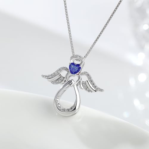 925 Sterling Silver Guardian Angel Pendant Necklace for Women with Birthstone Cubic Zirconia Little Angel Pendant Necklace Jewelry 18 inch Chain - color: 09-Sept-Sapphire