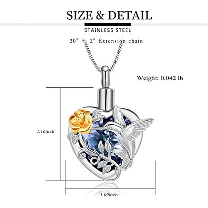 Yinplsmemory Hummingbird Cremation Jewelry Crystal Heart Urn Ashes Necklace for Women Men Memorial Keepsake Necklace of Loved One - color: Purple-Gold