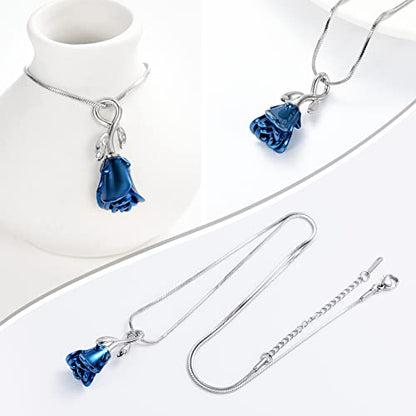 Rose Flower Cremation Urn Necklace for Ashes Stainless Steel Memorial Cremation Ash Jewelry Keepsake Pendant Necklace for Women Girl - color: Blue