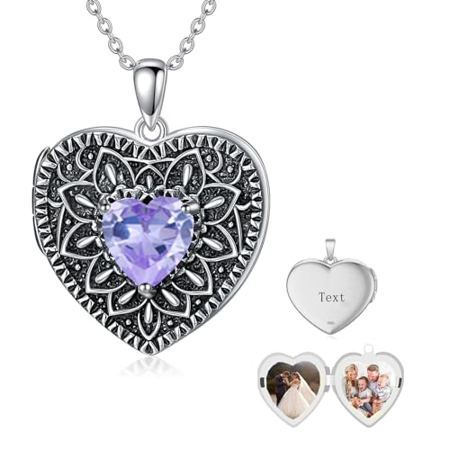 Heart Photo Locket Necklace 925 Sterling Silver Birthstone Gemstone That Holds 2 Pictures Locket Necklace Jewelry Gifts for Mother Women Mom Mother's Day Christmas Birthday - style: 06-June-Alexandrite-Customize