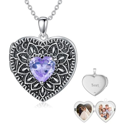 Heart Photo Locket Necklace 925 Sterling Silver Birthstone Gemstone That Holds 2 Pictures Locket Necklace Jewelry Gifts for Mother Women Mom Mother's Day Christmas Birthday - style: 06-June-Alexandrite-Customize