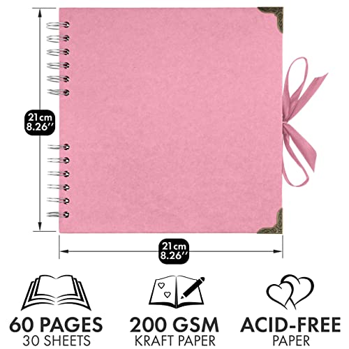 Bstorify Square Scrapbook Photo Albums 8 x 8 Inch Pink Thick Paper, Hardcover, Metal Corners, Ribbon Closure - Ideal for Your Scrapbooking Albums, Art & Craft Projects | Hardcover with Thick 200 GSM Kraft Paper, Ideal for Your Scrapbooking Albums, Art & C