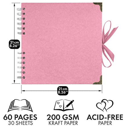 Bstorify Square Scrapbook Photo Albums 8 x 8 Inch Pink Thick Paper, Hardcover, Metal Corners, Ribbon Closure - Ideal for Your Scrapbooking Albums, Art & Craft Projects | Hardcover with Thick 200 GSM Kraft Paper, Ideal for Your Scrapbooking Albums, Art & C