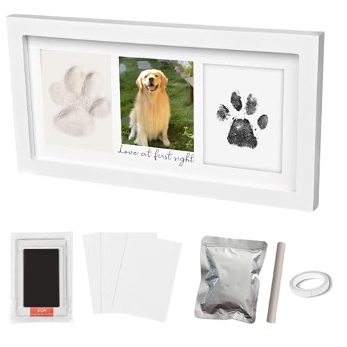 Paw Print Frame Kit, Cat/Dog Paw Print Kit, Dog Nose Print Kit, Soft Pawprint Clay&Clean Touch Ink Pad,Pet Paw Print Impression Kit with Customization Tool, Wooden Pet Memorial Frame, White - color: White